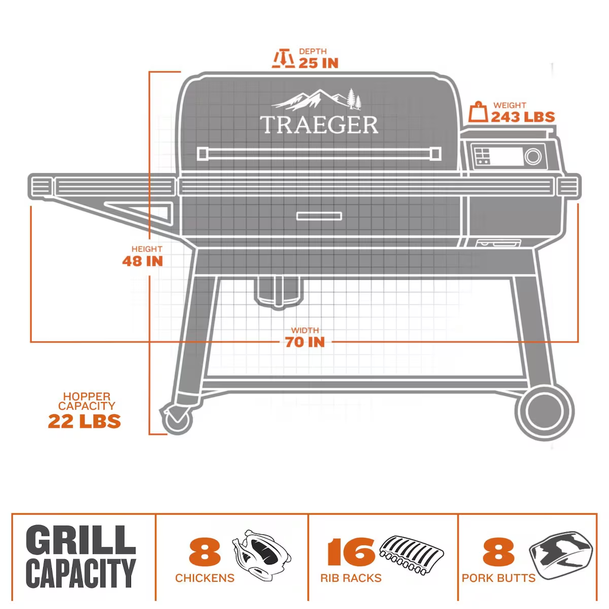 Traeger TFB93RLG Ironwood XL Wood Pellet Grill W/ Pop-And-Lock Accessory Rail - Dimensions