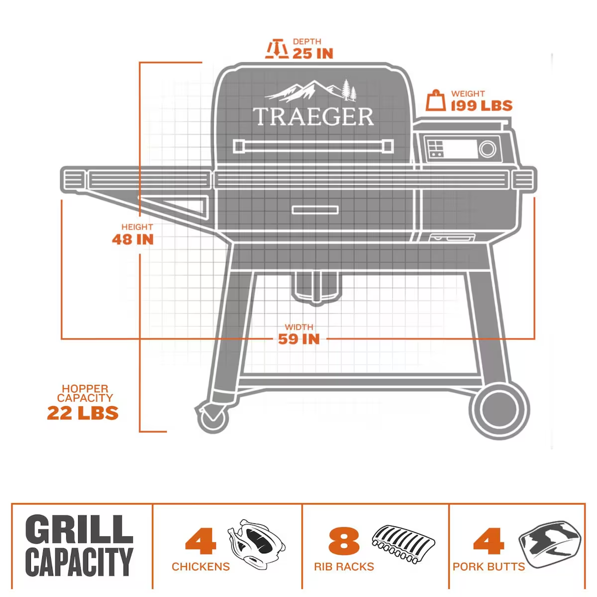 Traeger TFB61RLG Ironwood Wood Pellet Grill W/ Pop-And-Lock Accessory Rail - Dimensions