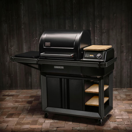 Traeger TBB86RLG Timberline Wood Pellet Grill - Angled View - Hero - Lifestyle