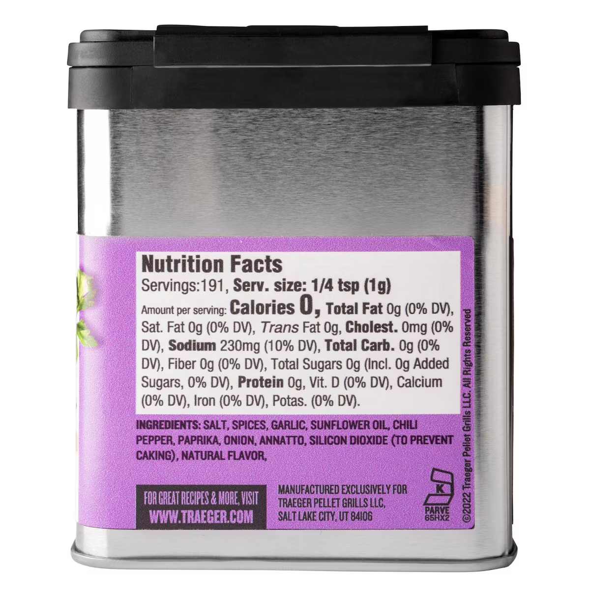 Traeger SPC182 Veggie Rub - Nutrition Facts - White Background