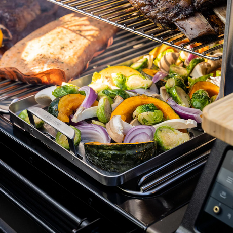 Traeger BAC610 ModiFIRE Fish & Veggie Stainless Steel Grill Tray - Holding Roasted Veggies